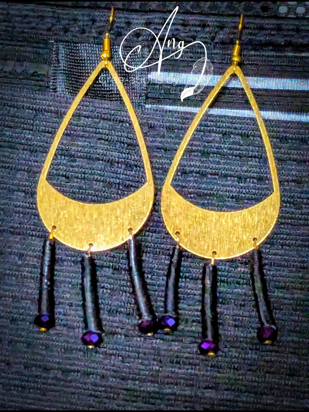 Gold-tone Teardrop Black Dentalium Shell Fringe Earrings With Purple Beads